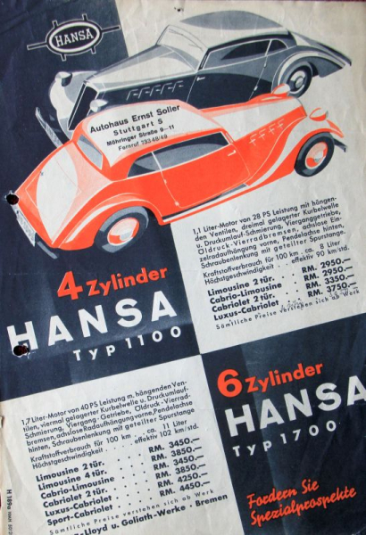 Borgward Hansa 1100 - 1700 Modellprogramm 1935 Automobilprospekt (10054)